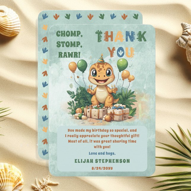 Cute Little Dinosaur Boy 1st Birthday Party Thank You Card ("Chomp, Stomp, Rawr!" "Cute Little Dinosaur Birthday Party Thank You Flat Card)