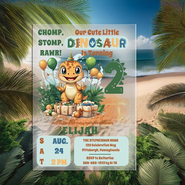 Cute Little Dinosaur Boy 2nd Birthday Party Acrylic Invitations ("Chomp, Stomp, Rawr!" "Our Cute Little Dinosaur Is Turning 2" 2nd Birthday Party Acrylic Invitation)