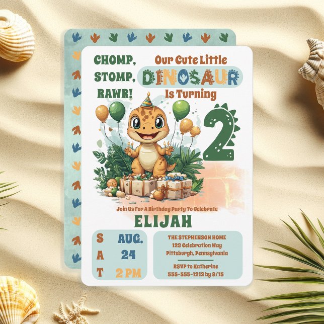 Cute Little Dinosaur Boy 2nd Birthday Party Invitation ("Chomp, Stomp, Rawr!" "Our Cute Little Dinosaur Is Turning 2" 2nd Birthday Party Invitation)