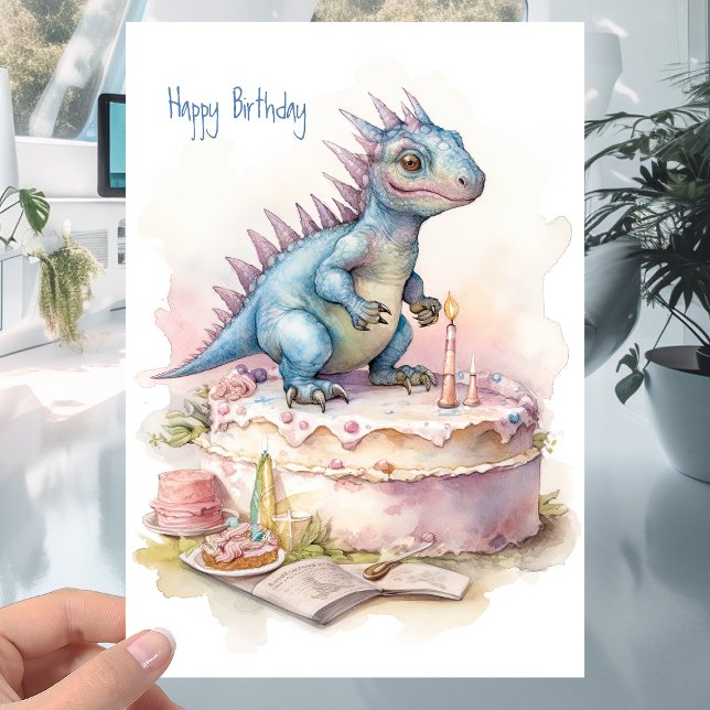 Cute Little Dinosaur with Cake - Kids Birthday Card (Creator Uploaded)