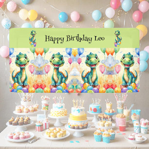 Cute little dinosaur with lots of colourful balloo banner