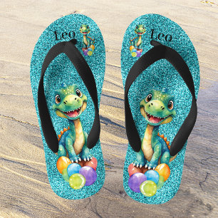 Cute little dinosaur with lots of colourful balloo kid's thongs