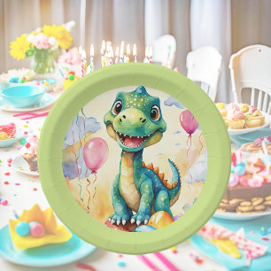 Cute little dinosaur with lots of colourful balloo paper plate