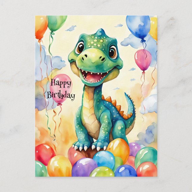 Cute little dinosaur with lots of colourful balloo postcard (Front)