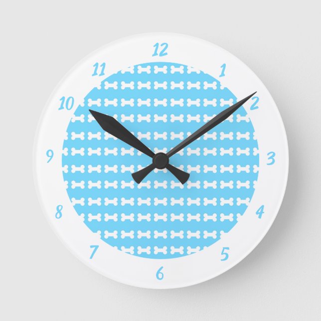 Cute Little Dog Bones Blue White Pattern Round Clock (Front)