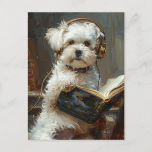 Cute Little Dog Reading A Book Postcard