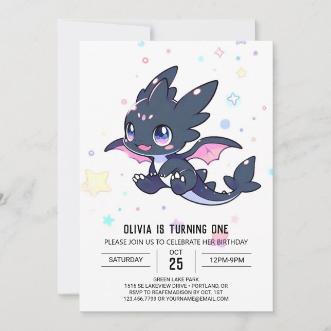 Cute Little Dragon 1st Birthday Invitation (Front)
