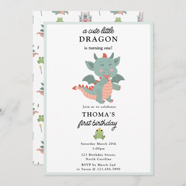 Cute Little Dragon Boy Kids Birthday Party Invitation (Front/Back)