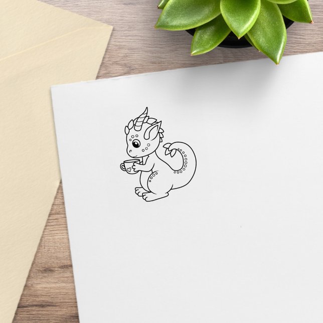 Cute Little Dragon Holding a Cup 2 Rubber Stamp (Creator Uploaded)