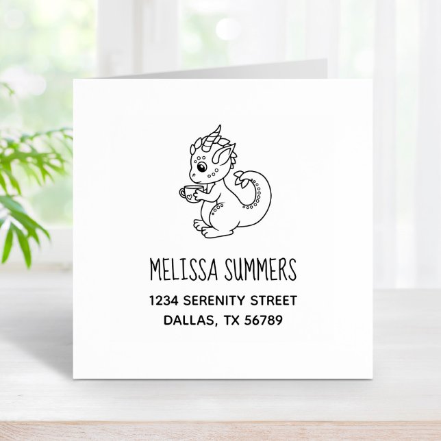 Cute Little Dragon Holding a Cup Address Rubber Stamp (Creator Uploaded)