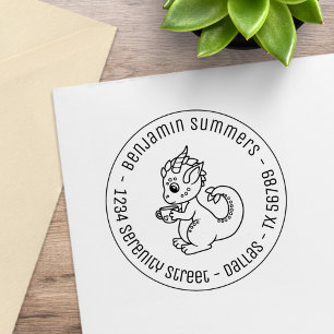 Cute Little Dragon Holding a Cup Round Address Rubber Stamp