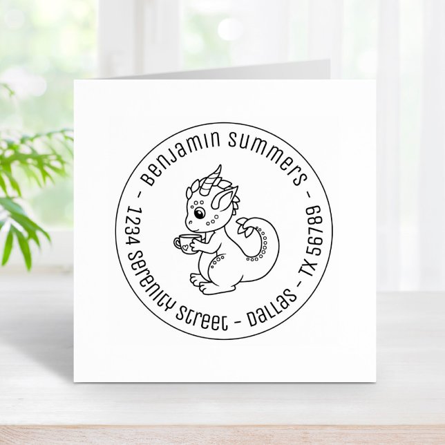 Cute Little Dragon Holding a Cup Round Address Rubber Stamp (Creator Uploaded)