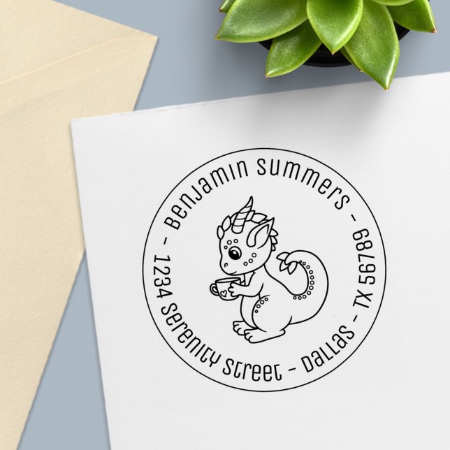 Cute Little Dragon with a Teacup Round Address Self-inking Stamp (Creator Uploaded)