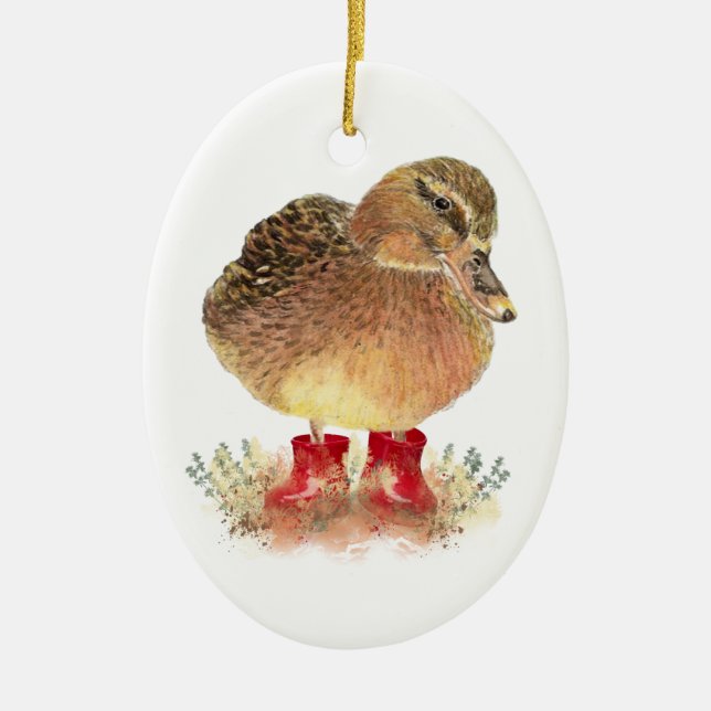 Cute Little Duck in Red Rubber Boots Fun Ceramic Ornament (Front)