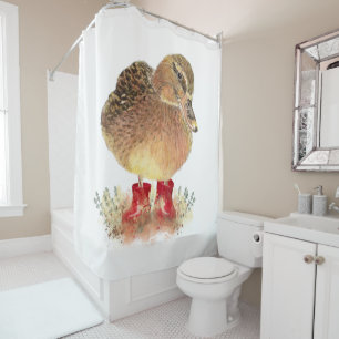 Cute Little Duck in Red Rubber Boots Fun Shower Curtain