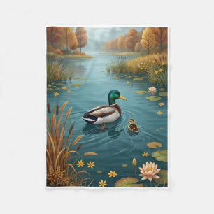 Cute Little Duck With Mother In Autumn Lake Fleece Blanket