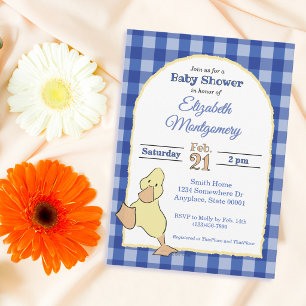 Cute Little Duckling Blue Gingham Baby Shower Invitation