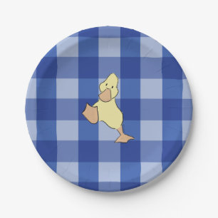 Cute Little Duckling Blue Gingham Baby Shower Paper Plate
