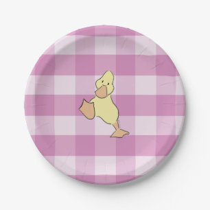 Cute Little Duckling Pink Gingham Baby Shower Paper Plate