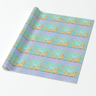 Cute Little Ducks on Purple Teal Damask Wrapping Paper