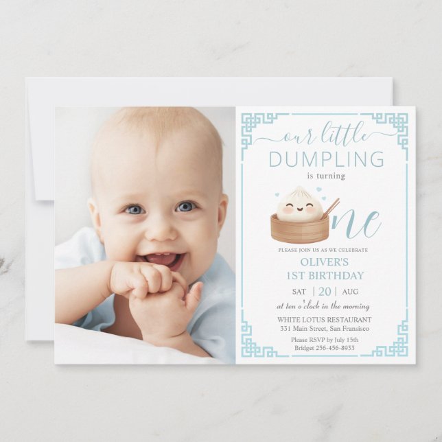 Cute Little Dumpling Blue 1st Birthday Photograph Invitation (Front)