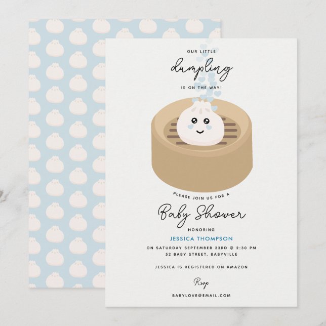 Cute Little Dumpling Blue Hearts Baby Shower Invitation (Front/Back)