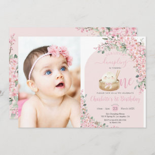 Cute Little Dumpling Cherry Blossoms 1st Birthday Invitation