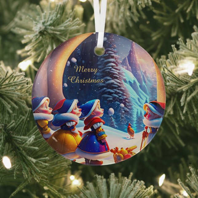 Cute little dwarfs expect Christmas Eve  Glass Tree Decoration (Insitu)