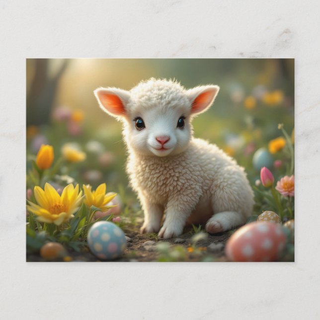 Cute little Easter lamb, crocus, Easter eggs,  Holiday Postcard (Front)