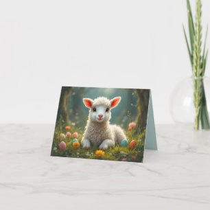 Cute little Easter lamb, forest, Easter eggs Holiday Card