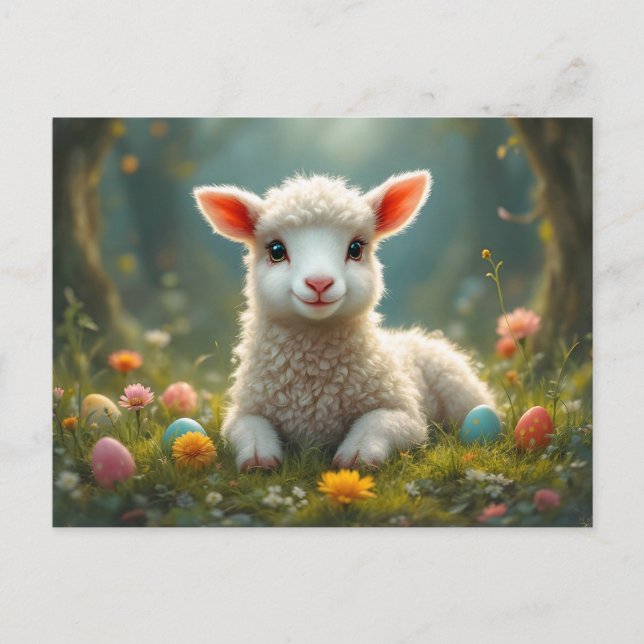 Cute little Easter lamb, forest, Easter eggs Holiday Postcard (Front)