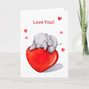 Cute little elephant on big hear, love you card