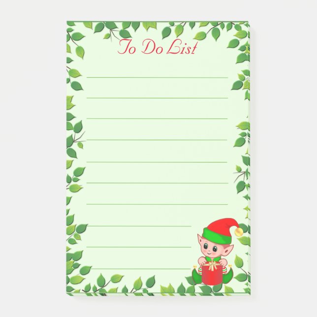 Cute Little Elf & Green Leaf Frame on Green Lined Post-it Notes (Front)