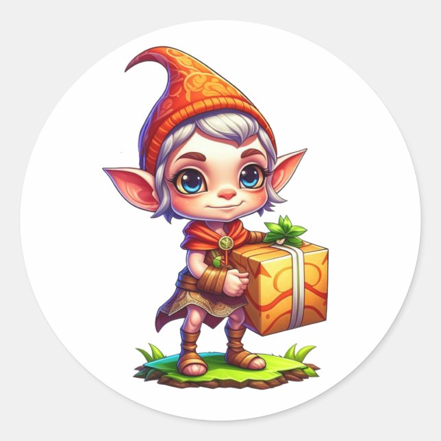 Cute Little Elf Holding a Gift Christmas Classic Round Sticker (Front)
