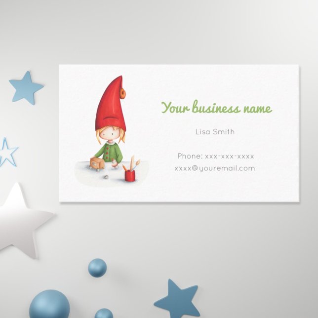 Cute little elf working making toys Business Card (Cute and simple business card for the upcoming Christmas season with an elf making toys. )