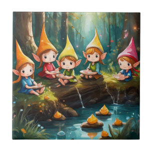 Cute little elves in the river ceramic tile