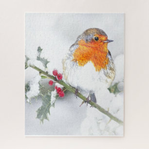 Cute Little English Robin & Holly  Christmas Art Jigsaw Puzzle
