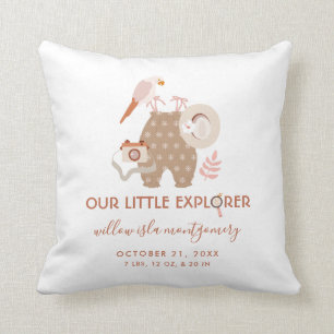 Cute Little Explorer Boho Birth Information Baby Cushion