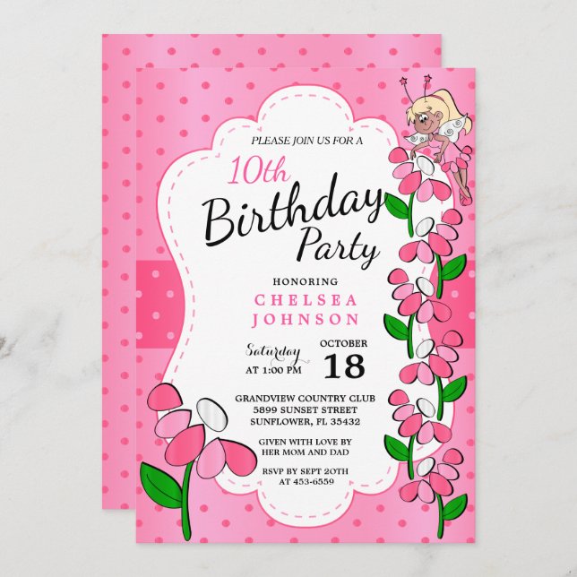 Cute Little Fairy 00th Birthday Girl in Pink Invitation (Front/Back)