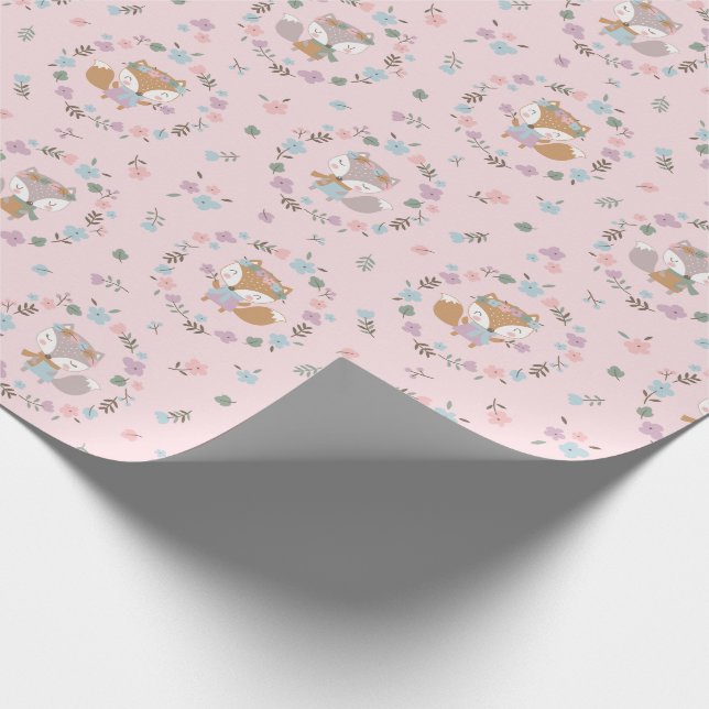 Cute Little Fall Fox with flowers pink Wrapping Paper (Corner)