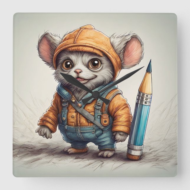 Cute Little Fantasy Creature Pencil Artist Square Wall Clock (Front)