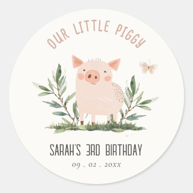 Cute Little Farm Pig Butterfly Kids Birthday Classic Round Sticker (Front)