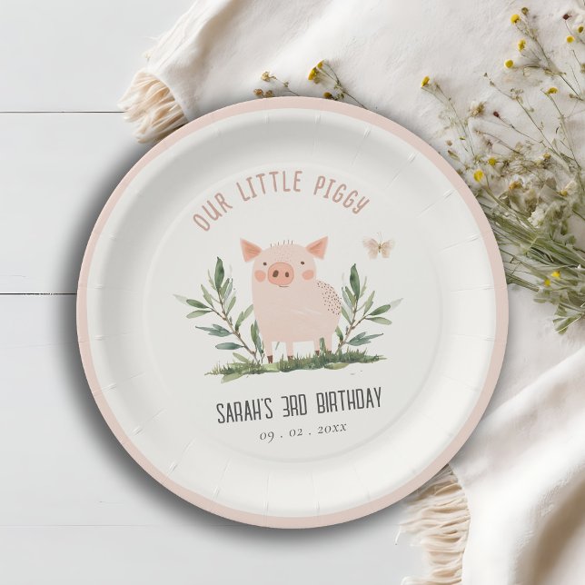 Cute Little Farm Pig Butterfly Kids Birthday Paper Plate (Creator Uploaded)