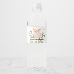 Cute Little Farm Pig Butterfly Kids Birthday Water Bottle Label