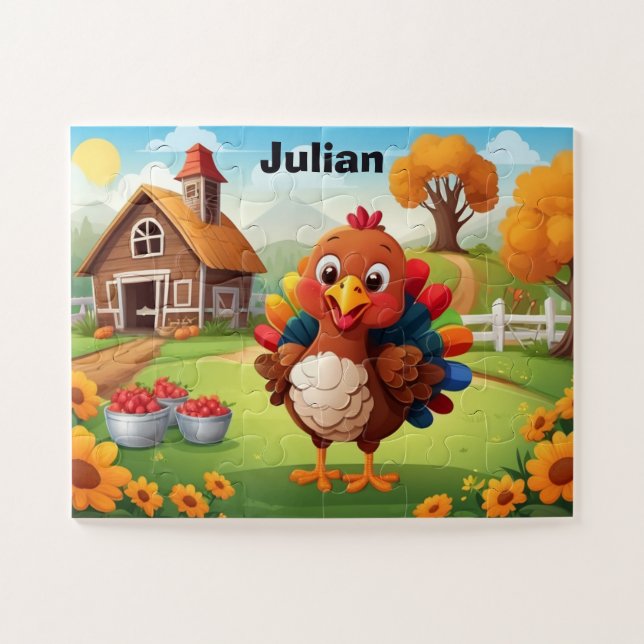Cute Little Farm Turkey Personalised Kid's Jigsaw Puzzle (Horizontal)