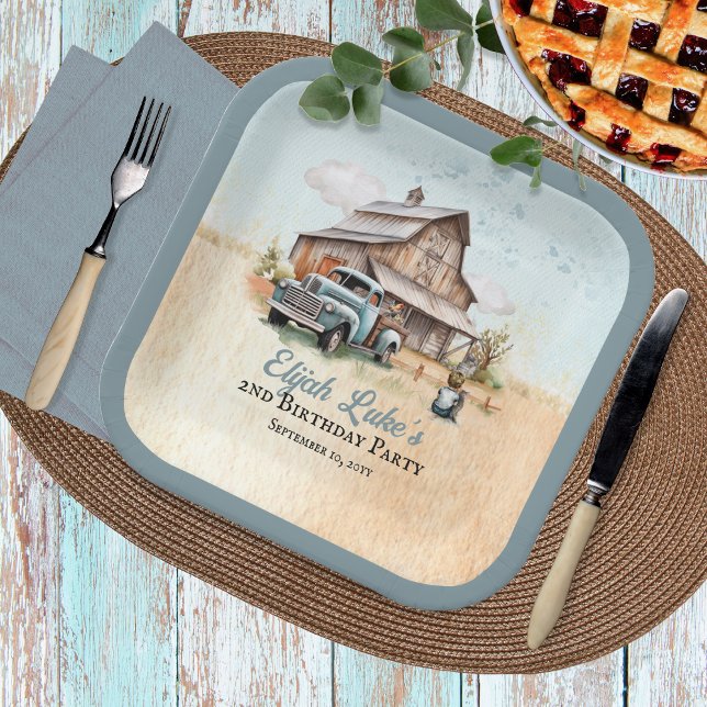 Cute Little Farmer 2nd Birthday Party Paper Plate (Blue Boy 2nd Birthday Party Barn | Vintage Truck Paper Napkins)