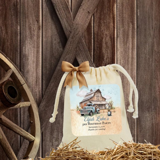 Cute Little Farmer 3rd Birthday Party Thank You Square Sticker (Blue Boy 3rd Birthday Party Barn | Vintage Truck Favor Tags)