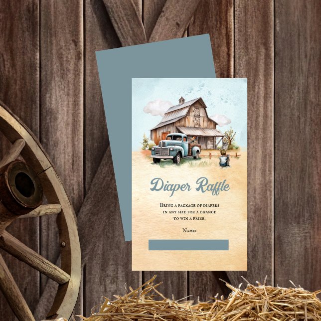 Cute Little Farmer Baby Shower Diaper Raffle Enclosure Card ("A Cute Little Farm Boy Is On His Way!" Rustic Barn Vintage Truck Boy Baby Shower Diaper Raffle Card)