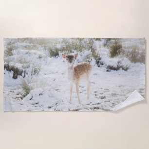Cute little Fawn in the Winter Snow 1 #animal#art Beach Towel