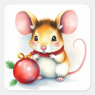 Cute Little Festive Christmas Mouse with Ornament Square Sticker